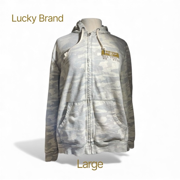 Lucky Brand Vintage Inspired Light Gray Camo Zip Up Embroidered Large Hoodie - Picture 16 of 16